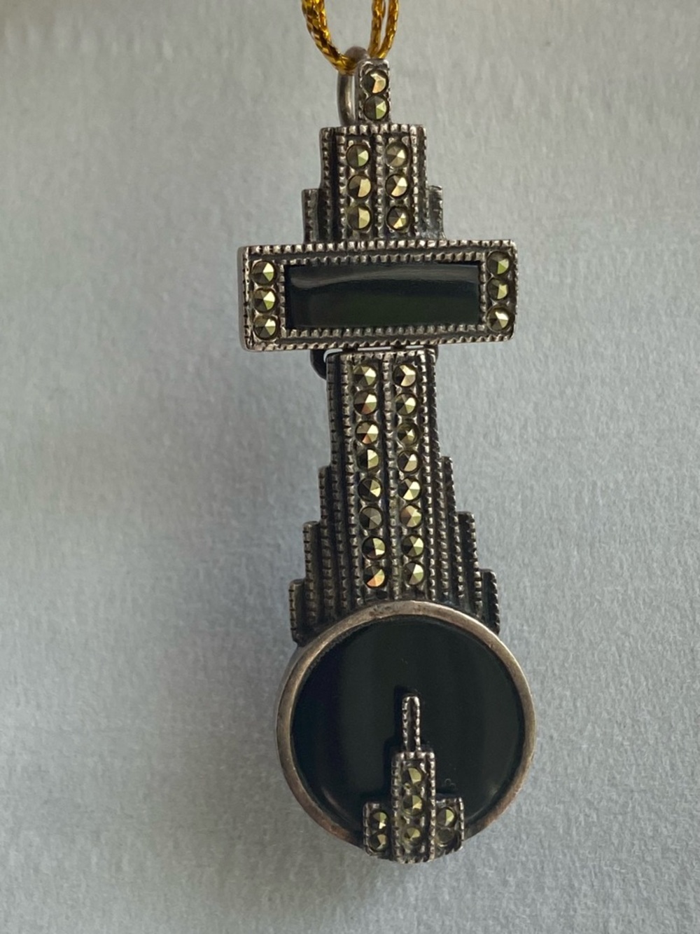 Vintage Art Deco Sterling Silver Black Onyx & Marcasite cross Pendant 925 - Picture 6 of 8